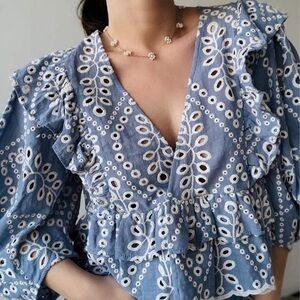 Olivaceous Blue and White Eyelet Ruffle Blouse